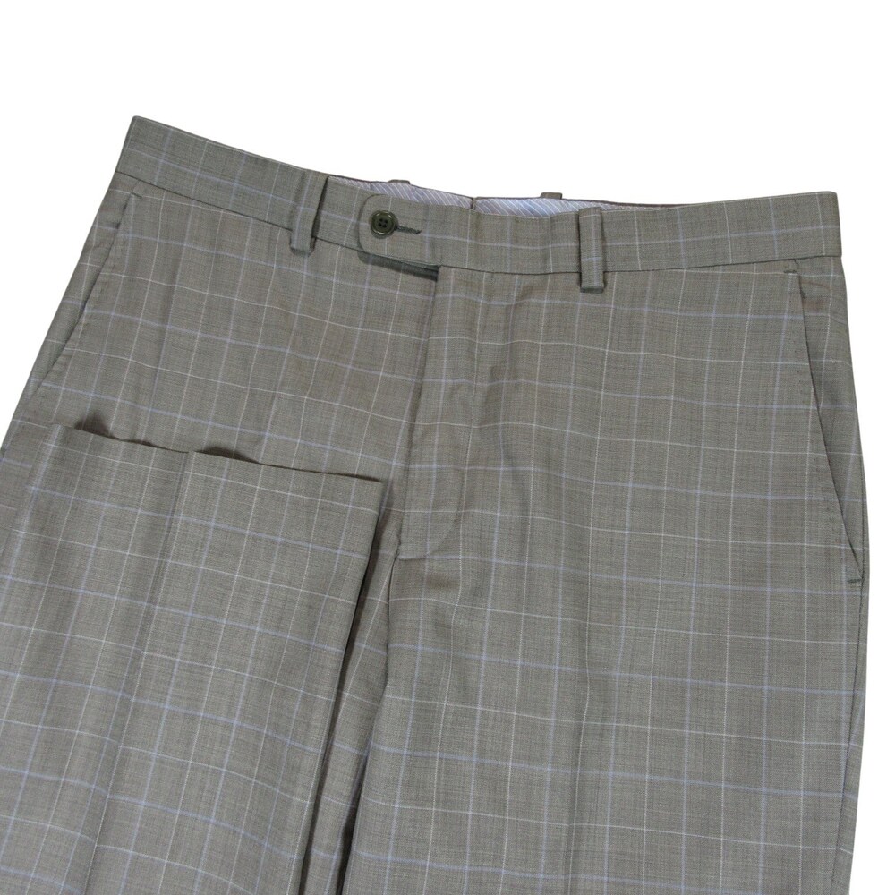 Aristo Eighteen Mens Dress Pants 35 x 29 Tan Windowpane Check‎ Wool Flat Front